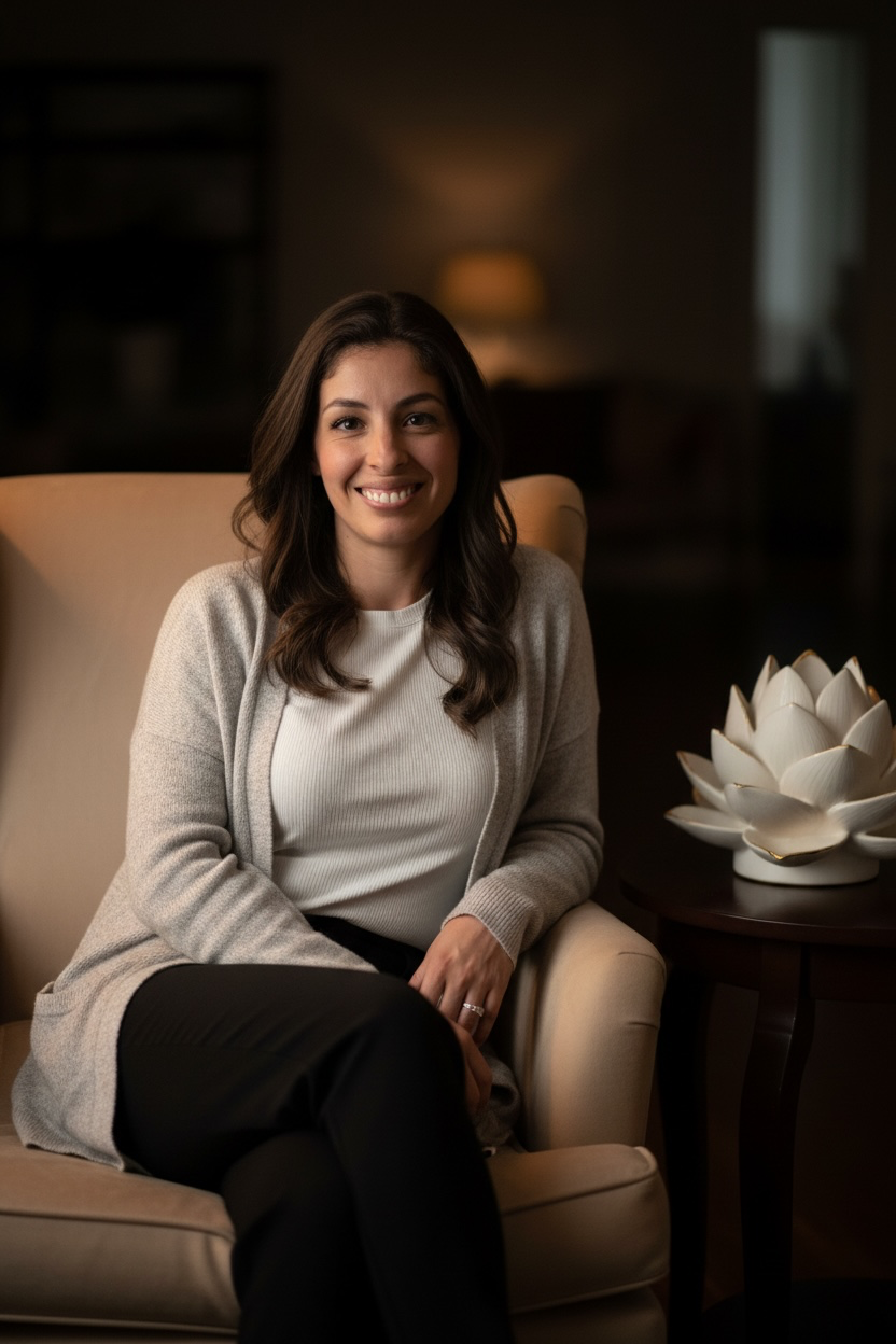 Stephanie, founder of White Lotus, seated beside a white lotus sculpture